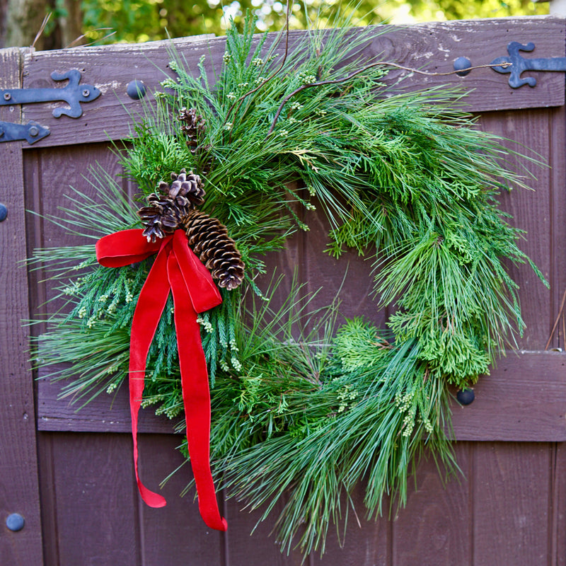 Green wreath with red ribbon and pinecones on a wooden door outdoors