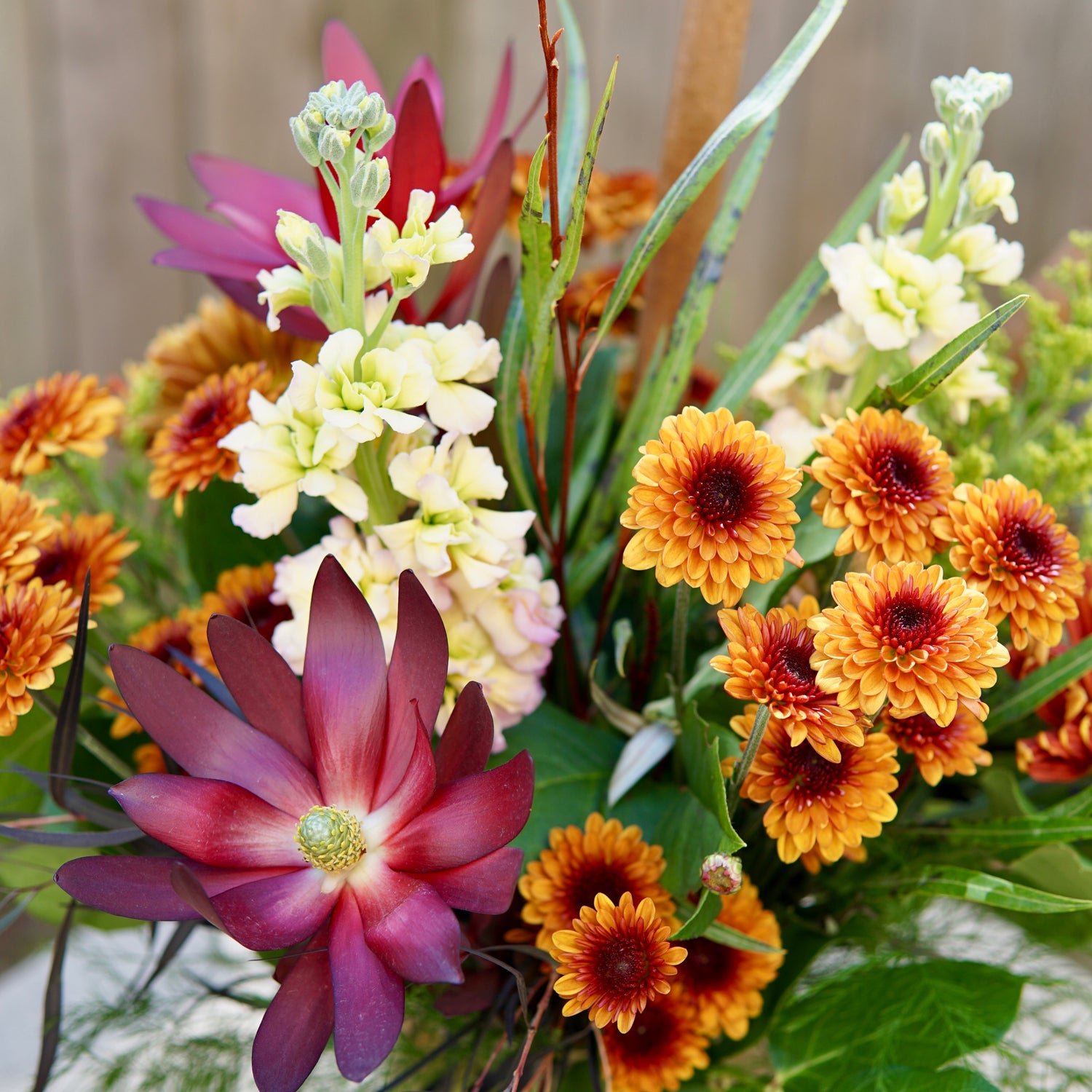 Bouquet of colorful flowers including purple, yellow, and orange with green leaves.