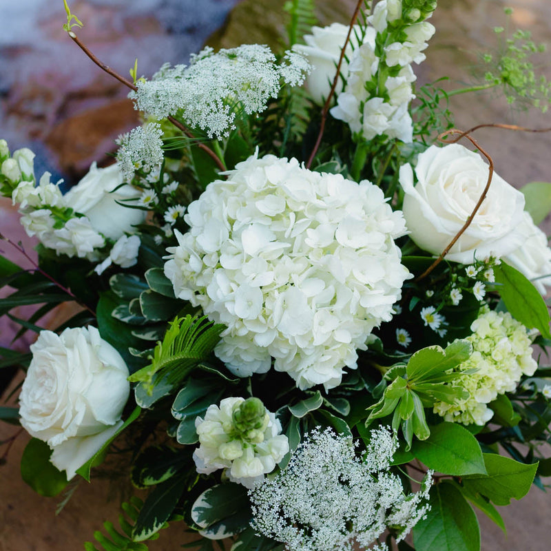 Bouquet of white flowers with greenery on a textured surface