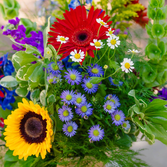 Colorful flower arrangement with sunflower, daisies, and other flowers in a vase.